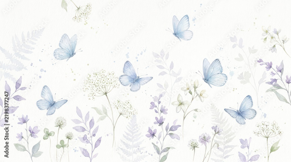 Fototapeta premium Soft watercolor butterflies and wildflowers on light background