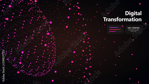 Futuristic digital transformation background with pink particle sphere and data points for tech business enterprise solutions.