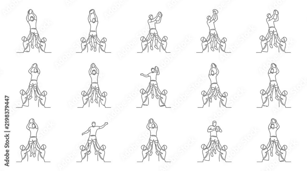 Obraz premium Continuous line drawing of rugby players lifting teammate during lineout