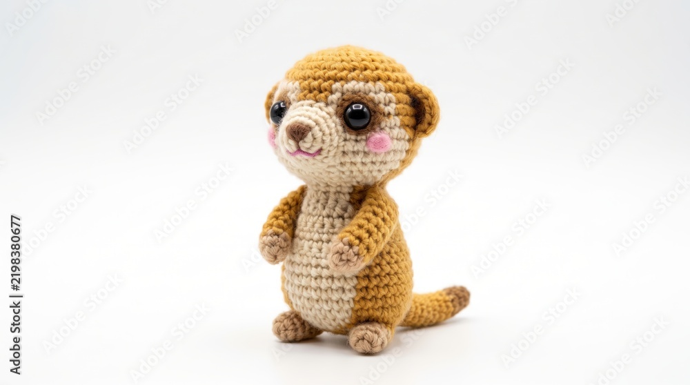 Fototapeta premium Small handmade crochet meerkat plushie toy standing upright against a clean white background