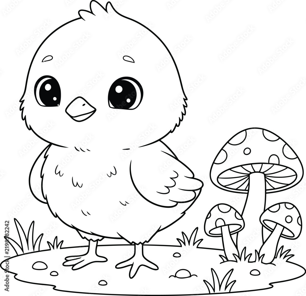Fototapeta premium Cute Baby Chick Beside Mushrooms in a Woodland Scene Coloring Page, Whimsical Nature Illustration with Grass and Black and White Line Art