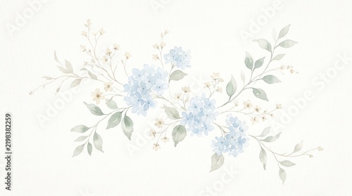 Soft blue wildflower branches with delicate watercolor leaves on cream background