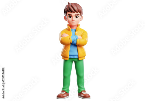 3d cartoon boy character standing with arms crossed