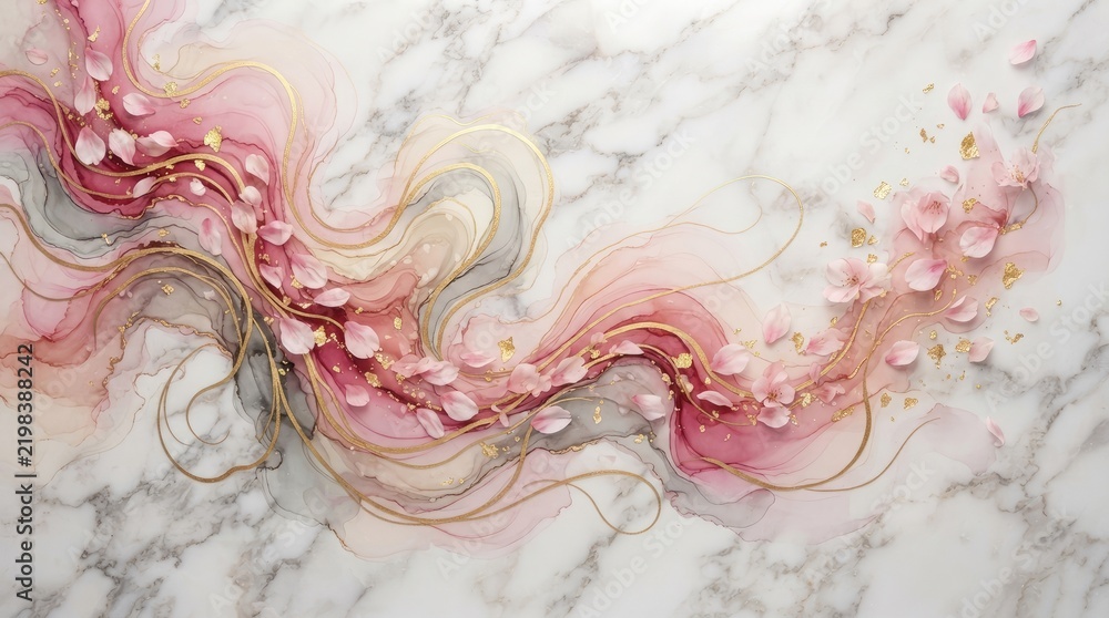 Fototapeta premium A marble background with a fluid, abstract design featuring swirling pink and gray pigments accented with delicate pink flower petals and gold leaf.