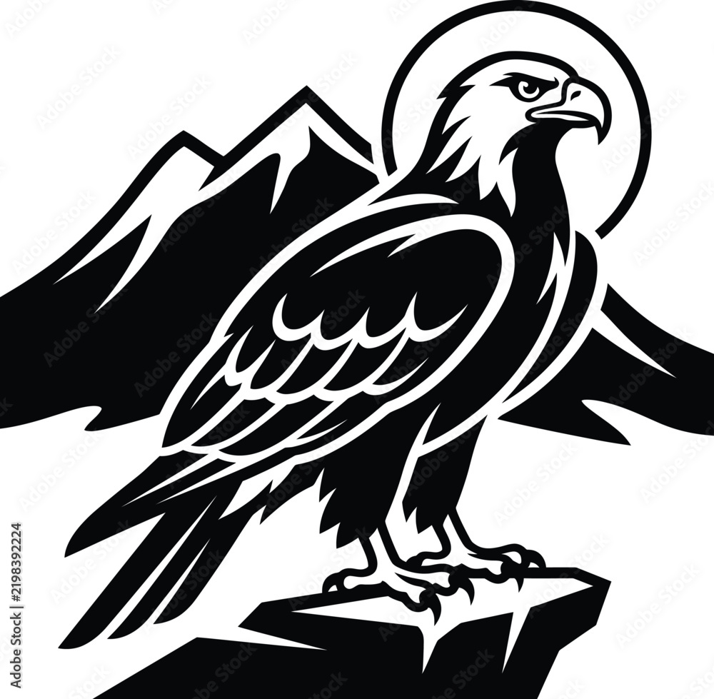 Fototapeta premium Illustration of Majestic eagle perched on rocky mountain peak with sun halo silhouette.