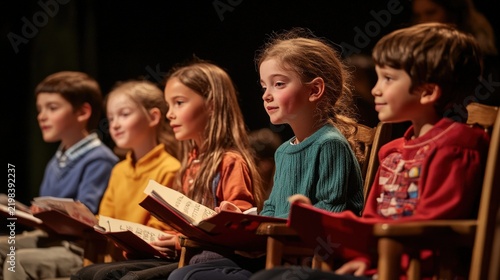 Group of diverse children excitedly watching a stage performance, focused and engaged in a theatrical event, joyful childhood experience.