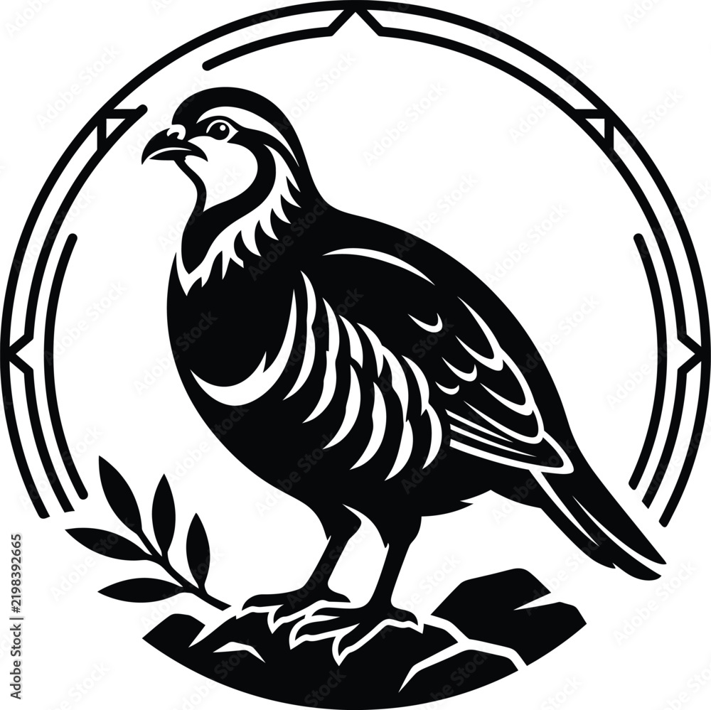 Obraz premium Black and white bird illustration standing on rocks with branch.