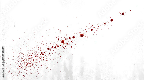 Fotografie A diagonal trail of red blood droplets on wet glass with glossy spheres and tiny