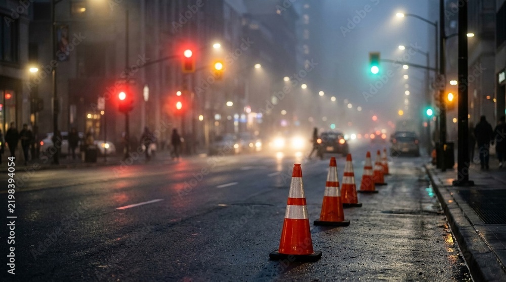 Fototapeta premium Hazy City Boulevard at Night with Traffic Cones and Blurry Lights