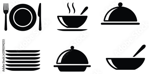 Restaurant dining vector icons pack with plates soup bowls and cloche food covers silhouettes