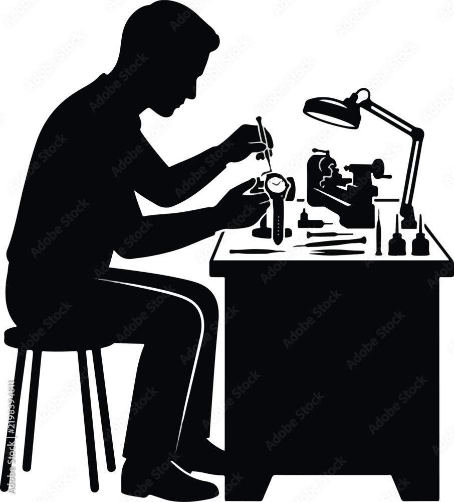 Fototapeta premium Watchmaker Repairing Wristwatch Workbench Desk Studio Vector Illustration