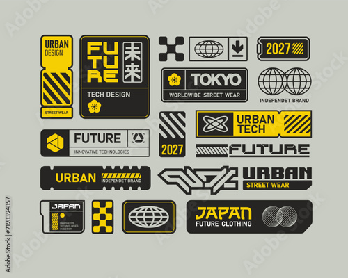 Urban techwear label and badge set with futuristic Tokyo and Japan typography. Editable vector patches for streetwear branding, clothing tags, hoodie prints and apparel merchandise design