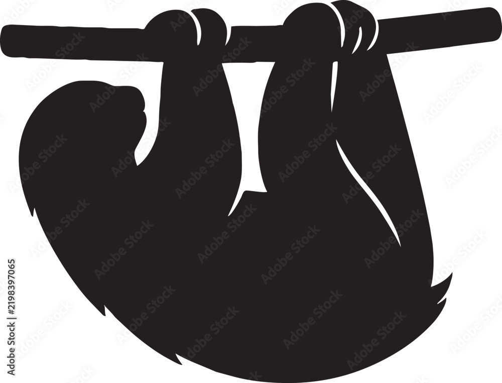 Obraz premium Black and white A silhouette of a sloth hanging upside down from a branch, showcasing its iconic relaxed posture. Illustrator Design animal nature icons