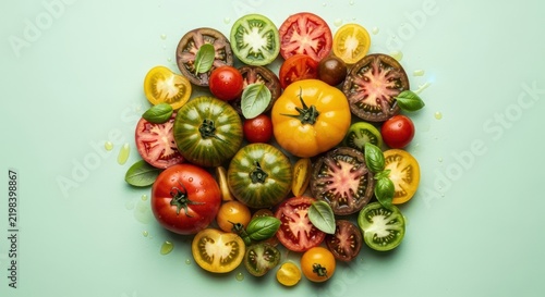 Fresh colorful heirloom tomatoes and basil leaves arranged in a circle