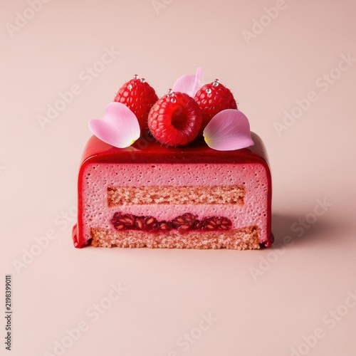 A delicious small square raspberry mousse cake with fresh berries and chocolate petals on a pastel pink background