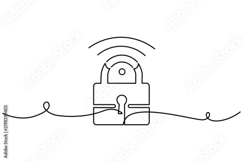 Padlock outline icon features a continuous line drawing with a centered lock, curved signal waves above, and a flowing horizontal line through the base.
