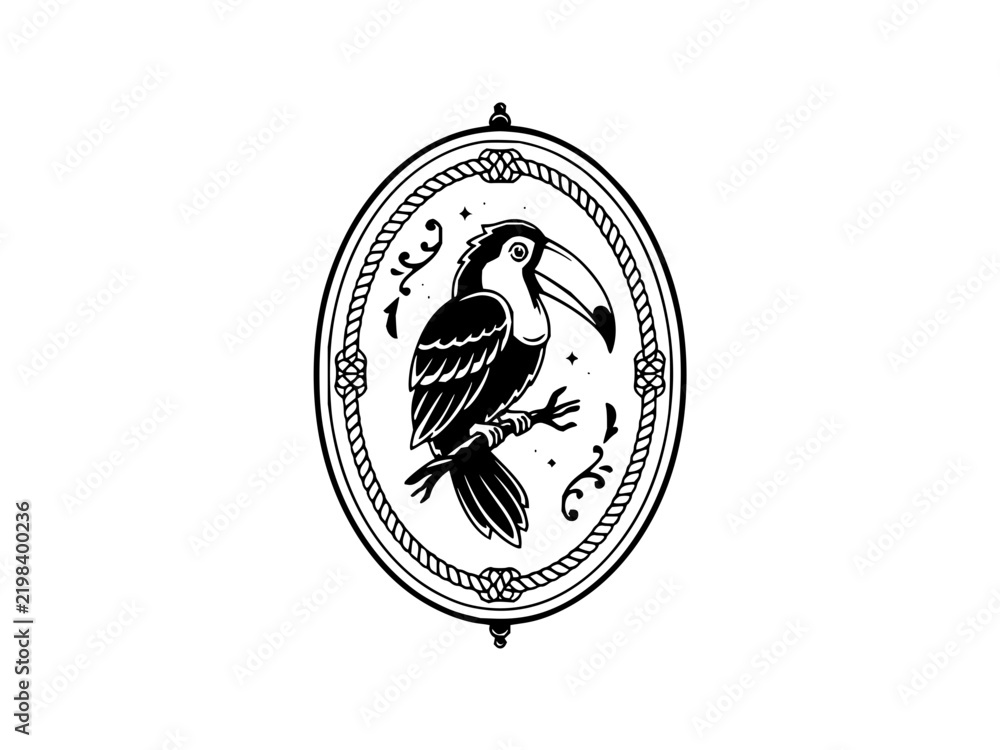 Obraz premium Tropical Toucan Bird Illustration in Decorative Oval Rope Frame Vector