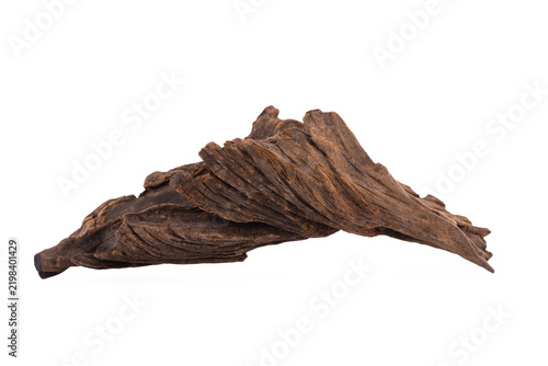 Driftwood aged wood isolated on white background. Piece of driftwood driftwood close up for aquarium.