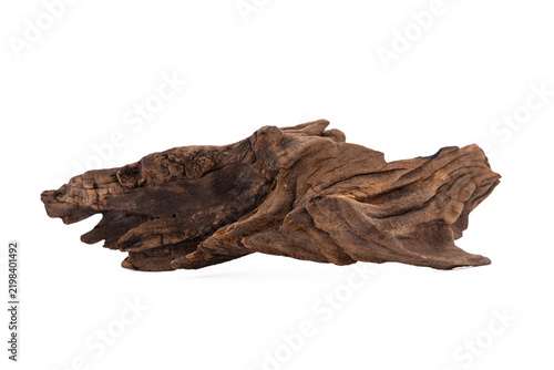 Driftwood aged wood isolated on white background. Piece of driftwood driftwood close up for aquarium.