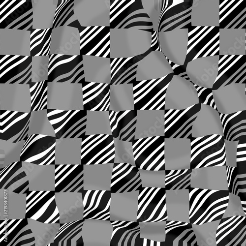 Modern abstract checkered background with wavy monochromatic stripes and geometric distortion
