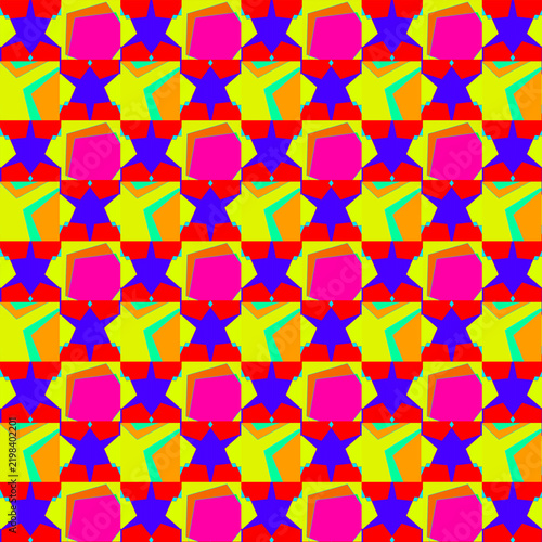 Vibrant geometric seamless pattern with stars and abstract shapes