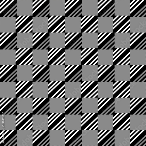 Seamless buffalo plaid pattern with diagonal stripes in black, white, and gray