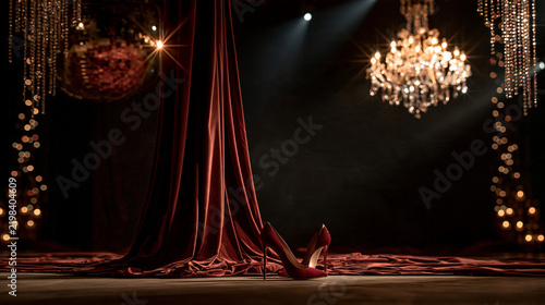 Red velvet stage curtain with high heel. 