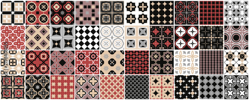 Collection of color seamless geometric tile mosaic patterns. Decorative vintage ornamental backgrounds. Vector repeatable tileable prints