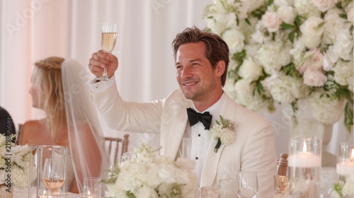 Elegant Man Toasting with Champagne at Luxurious Wedding Reception with Floral Decoration and Formal Setting