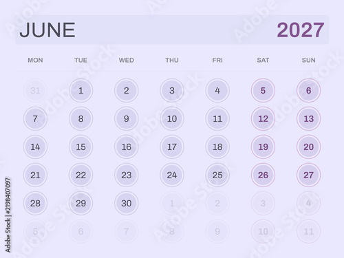 Calendar for June 2027 on light purple background