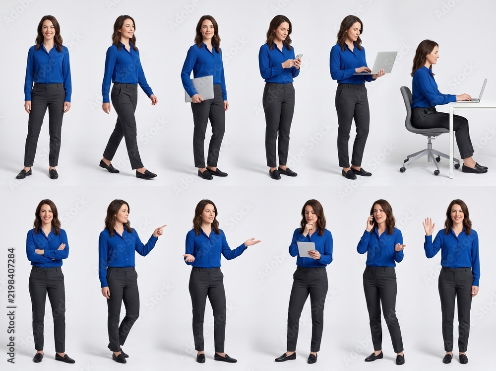 Fototapeta premium Professional Business Woman Character Reference Sheet with Corporate Poses