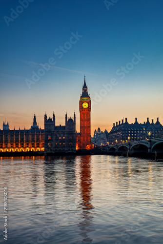 The Palace of Westminster with Elizabeth Tower in London at sunset