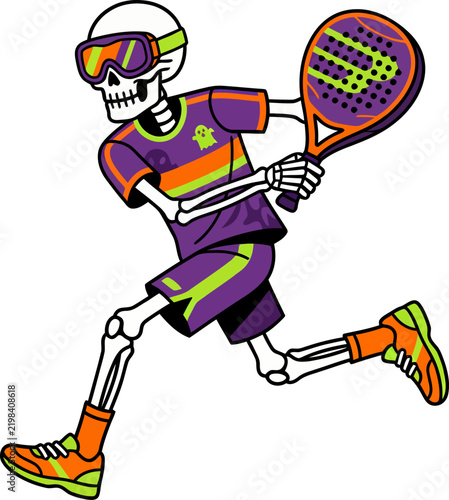 Cartoon Skeleton Playing Padel Tennis Vector Illustration on White Background