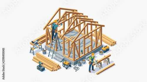 Construction Workers Building Wooden House Frame Isometric