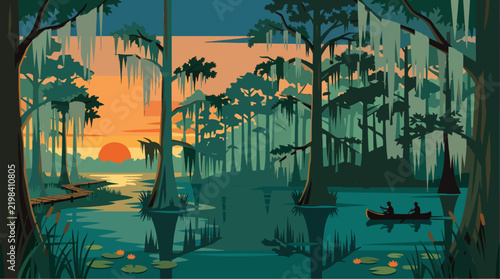 A peaceful swamp landscape featuring two people paddling a canoe among cypress trees draped in Spanish moss during a vibrant sunset.