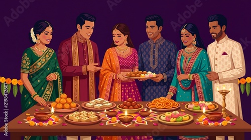 Indian family in traditional clothing celebrating Diwali with sweets and oil lamps on a purple background