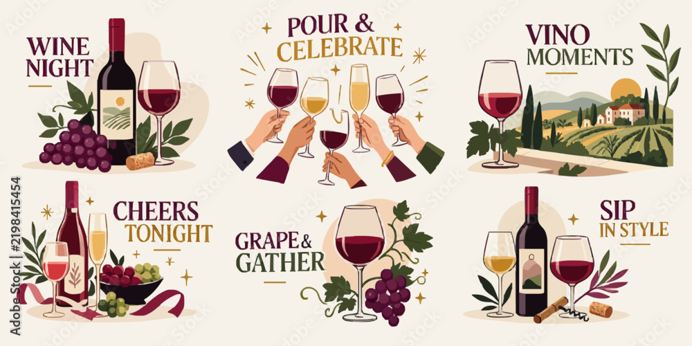 Obraz premium Wine Tasting and Vineyard Vector Illustration Set with Wine Bottle, Glasses, and Grapes