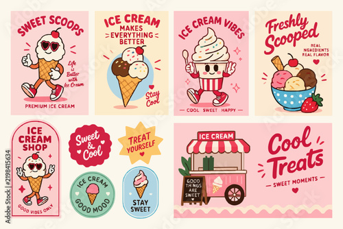 Retro Vintage Ice Cream Posters and Cartoon Character Stickers Vector Set