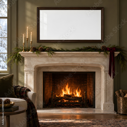 Christmas Frame Mockup, Elegant Holiday Interior, Festive Wall Art Mockup