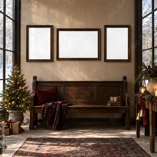 Christmas Frame Mockup, Elegant Holiday Interior, Festive Wall Art Mockup