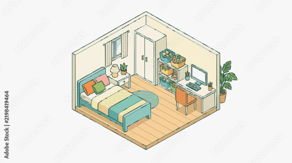 Fototapeta premium Cozy Small Bedroom with Integrated Home Office Workspace and Storage