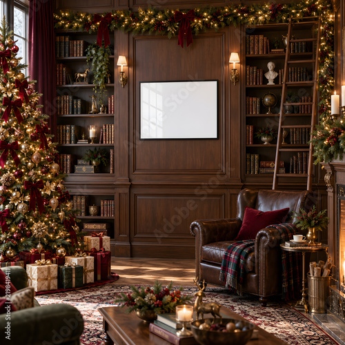 Christmas Frame Mockup, Elegant Holiday Interior, Festive Wall Art Mockup