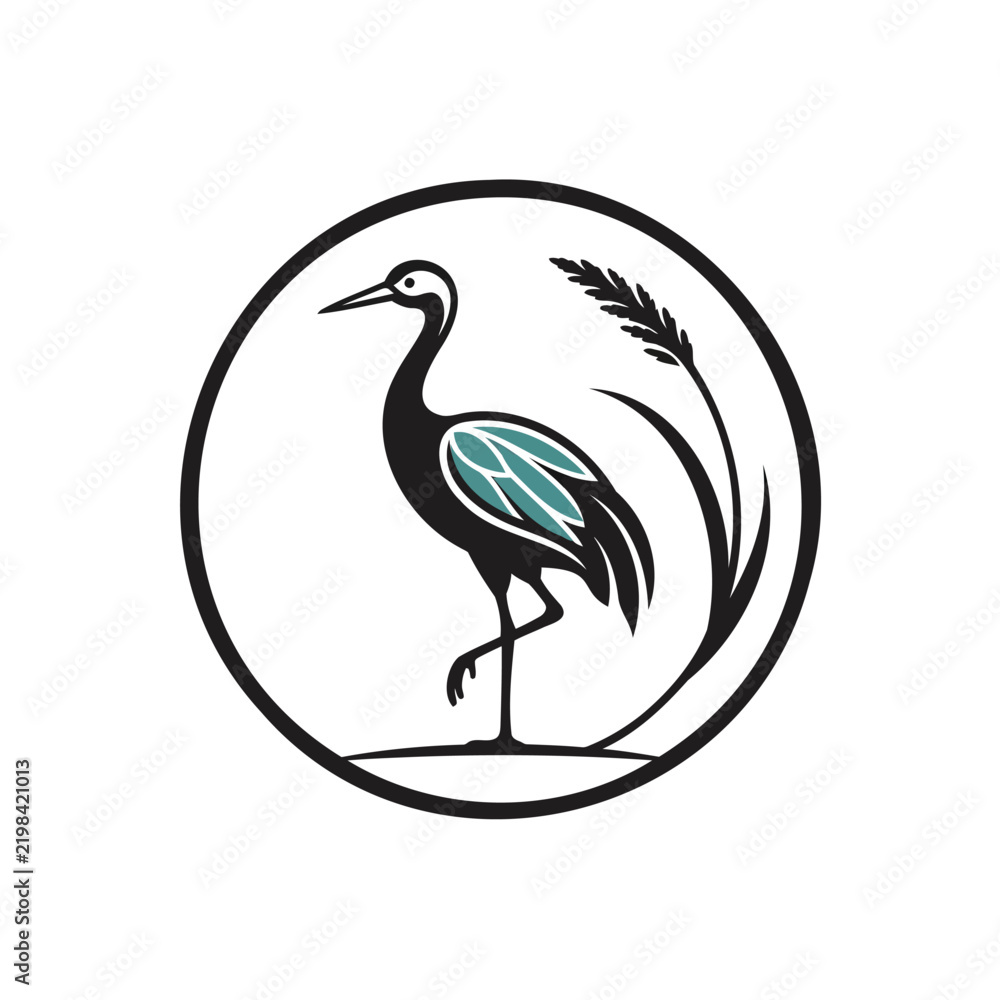 Obraz premium A minimal circular logo design featuring a stylized heron bird standing next to tall grass