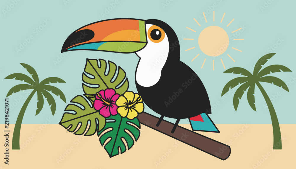 Fototapeta premium Adorable cartoon toucan sitting on a branch with colorful tropical flowers and palm trees on a sunny beach.