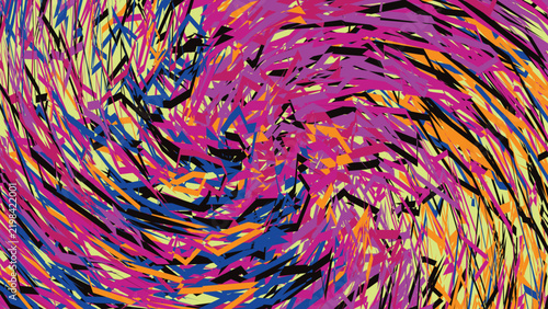 Swirling vortex composition with chaotic geometric fragments in vibrant pink blue and orange colors over pale light yellow background for poster.