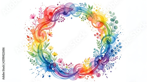 Circular watercolor rainbow wreath featuring fluid color curves, abstract soap-bubble circles, spring wildflowers, and eucalyptus greenery on white background.