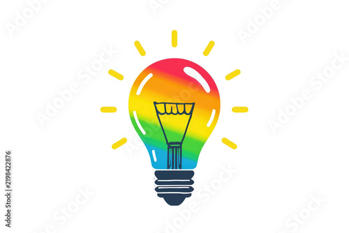 Rainbow light bulb icon with radiating idea lines