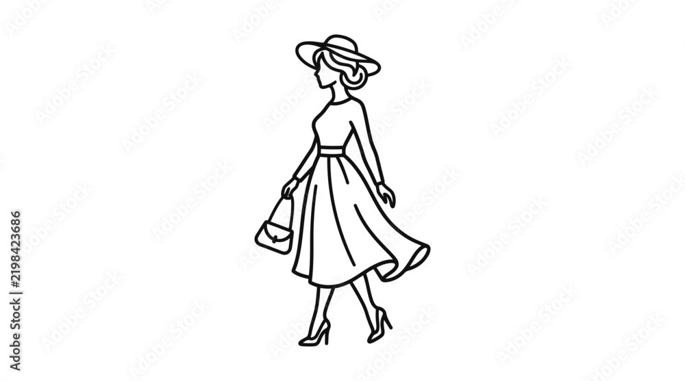 Fototapeta premium Woman in dress and hat black line silhouette on white background