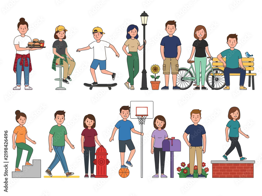 Fototapeta premium Diverse Character Set of Cartoon People in Various Urban Poses and Daily Lifestyle Activities