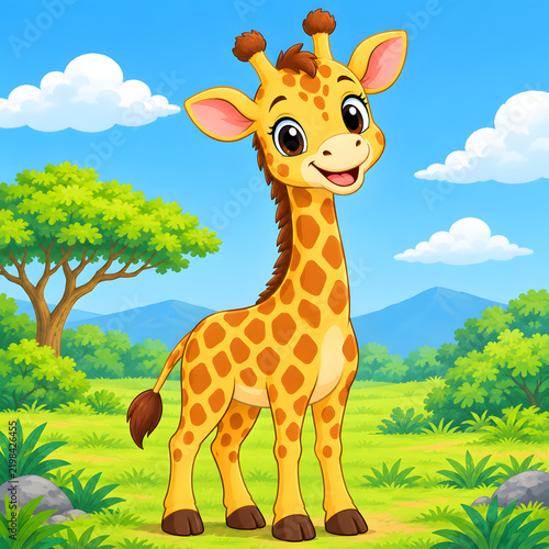 Cute Cartoon Baby Giraffe Standing in a Sunny African Savanna Landscape